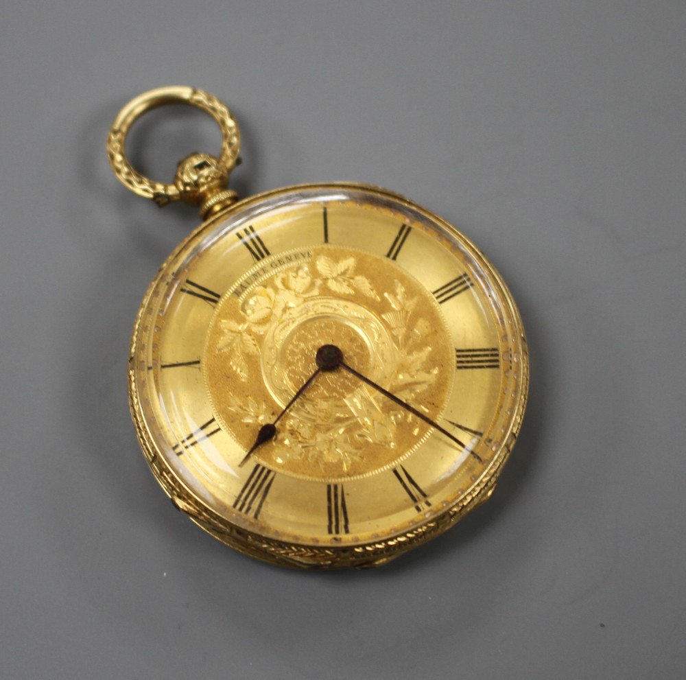 A late 19th/early 20th century continental engraved 18k fob watch, diameter 37mm, gross weight 36.5 grams.